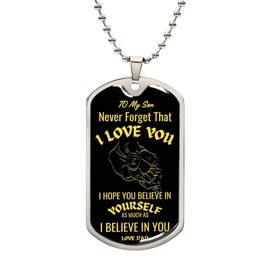 Engraved stainless steel 'To My Son' dog tag necklace from Dad3