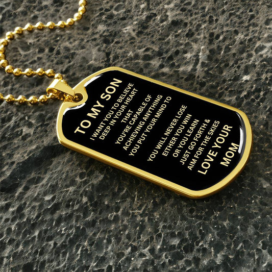 Durable stainless steel 'To My Son' dog tag necklace gift from mom2